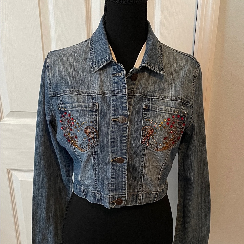 Nesso Jeans Cropped Embellished Blue Jean Jacket small